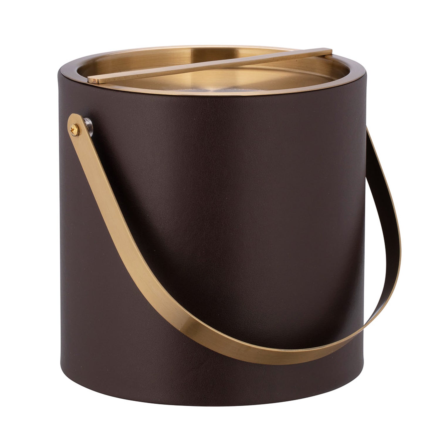 Chocolate | Leatherette ice bucket featuring a brushed gold cover and matching handle, set on a white surface.