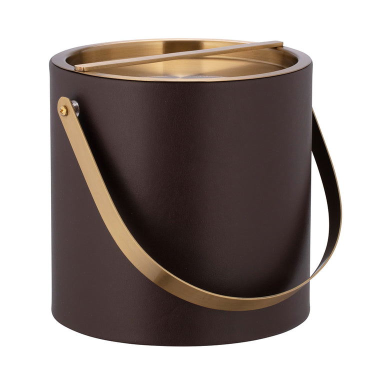 Chocolate | Leatherette ice bucket featuring a brushed gold cover and matching handle, set on a white surface.