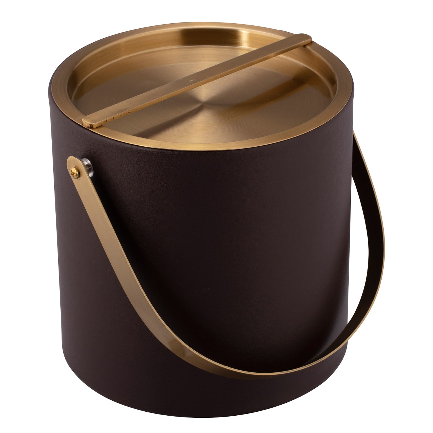Chocolate | Close-up of gold handle and lid detail on a 3qt leatherette ice bucket, shown against white.