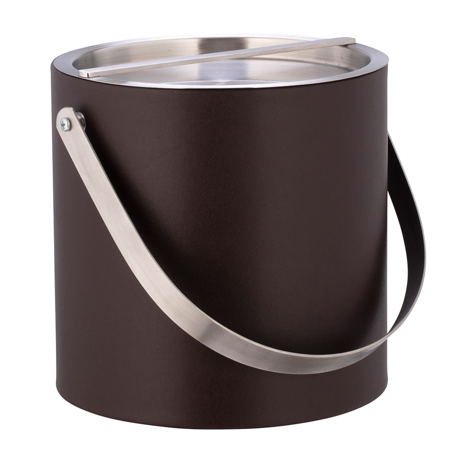 Chocolate | Leatherette barware ice bucket with brushed chrome detailing.