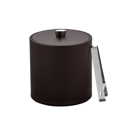 Chocolate | leatherette 3qt ice bucket styled with polished stainless steel ice tongs.