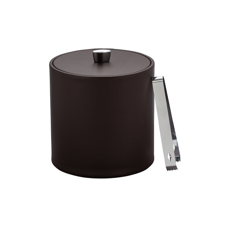 Chocolate | leatherette 3qt ice bucket styled with polished stainless steel ice tongs.