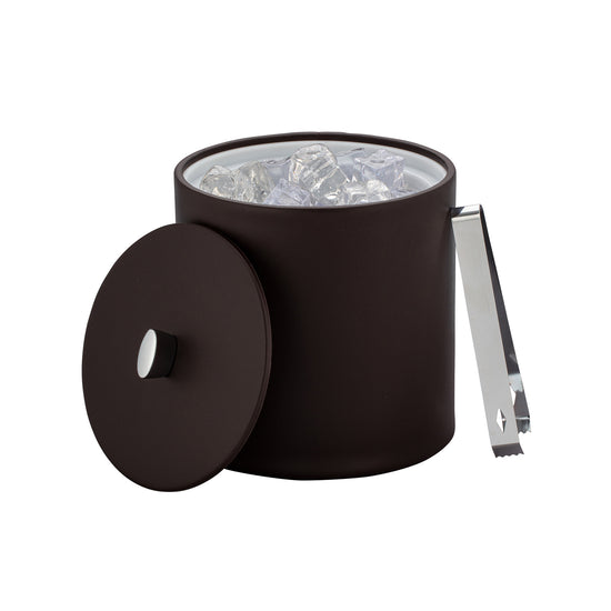 Chocolate | Elegant ice bucket with leatherette wrap and chrome arc knob, ideal for a stylish home bar.