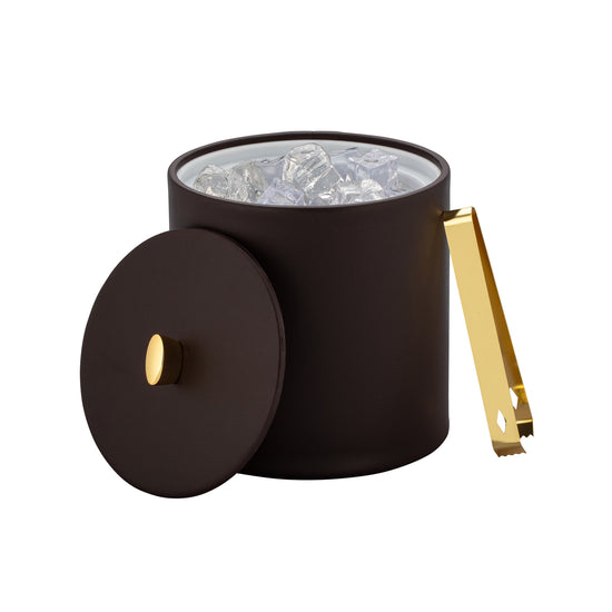 Chocolate | Decorative brown ice bucket with leatherette cover and luxe gold arc accent.