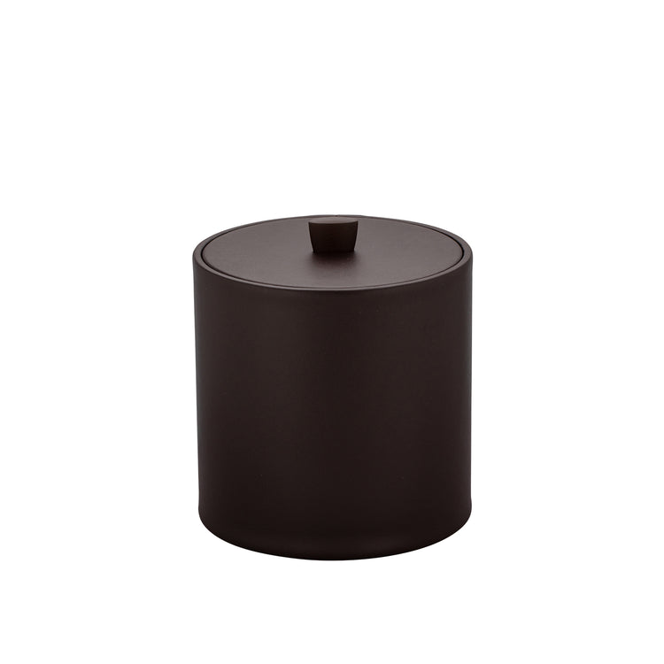 Chocolate | View of the luxury leatherette ice bucket with matching cover and metal knob.