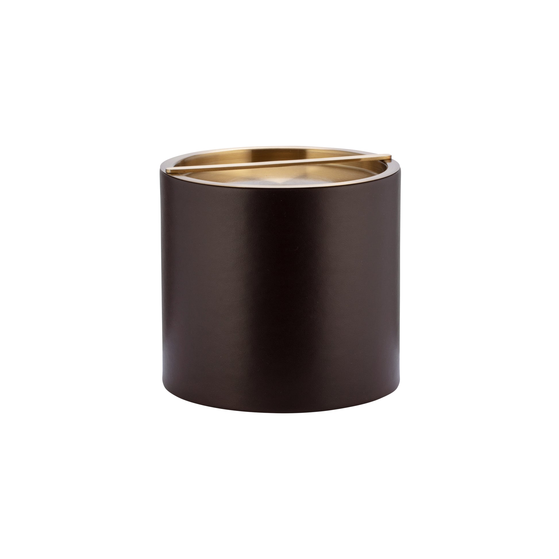 Chocolate | Front shot of closed leatherette ice bucket with gold cover, set on a white backdrop.