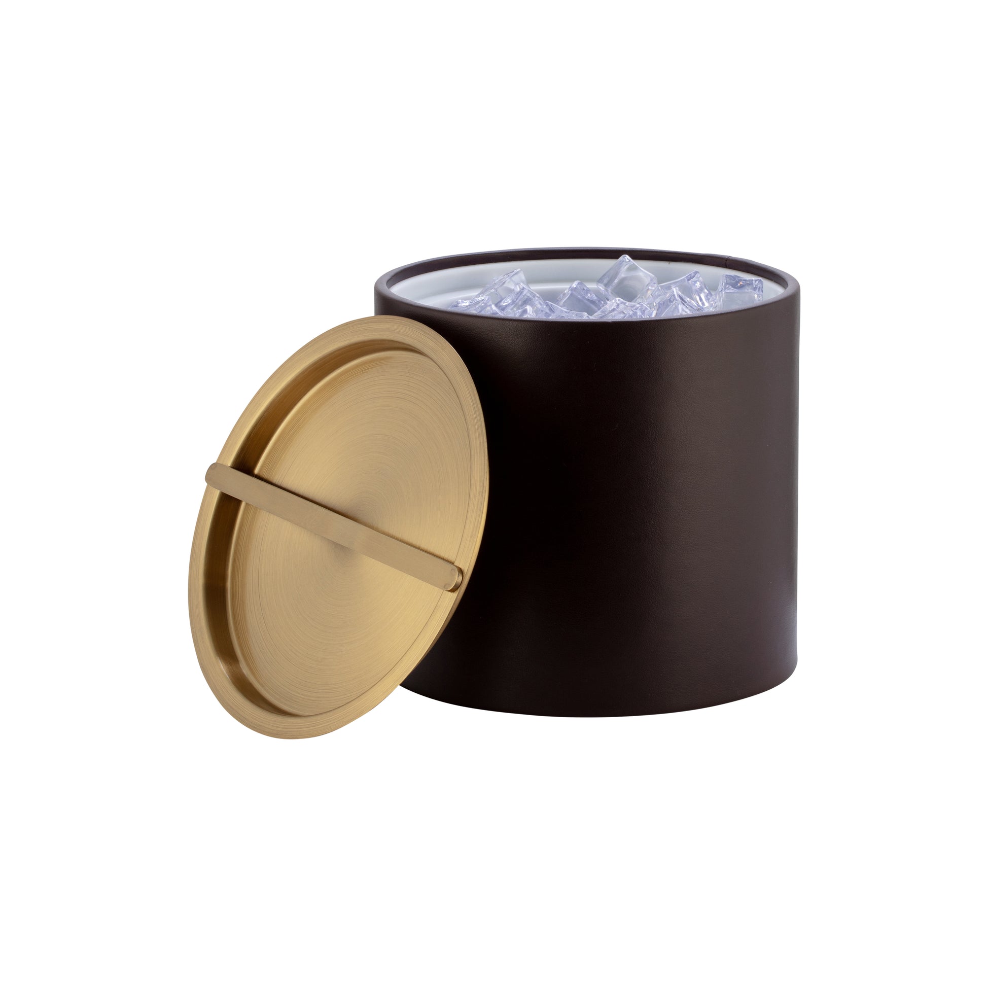 Chocolate | Leatherette textured ice bucket with luxurious brushed gold cover off to the side, centered on a white background.