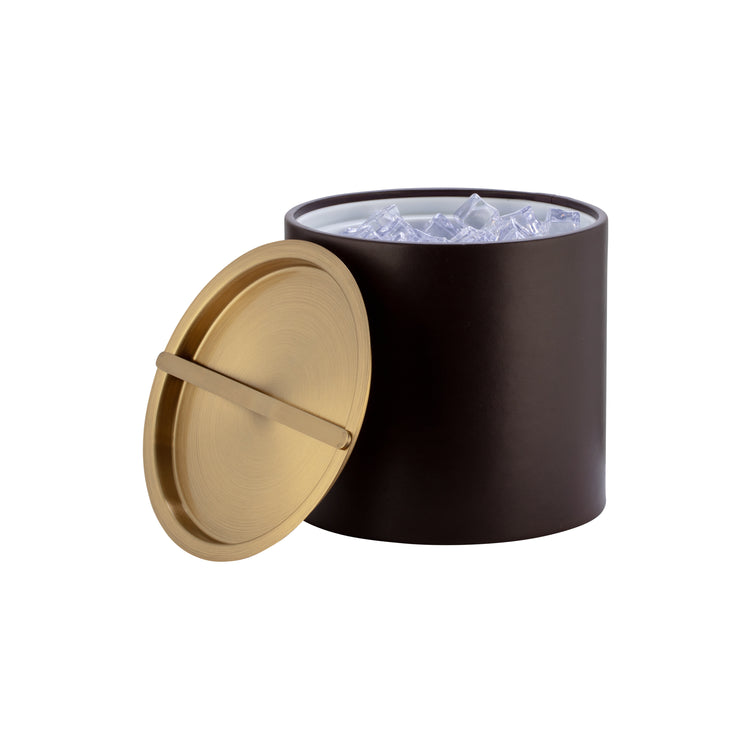 Chocolate | Leatherette textured ice bucket with luxurious brushed gold cover off to the side, centered on a white background.