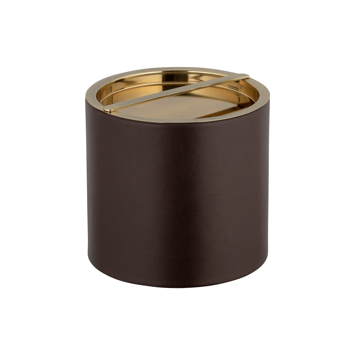 Chocolate | Stylish brown leatherette ice bucket and radiant gold top.