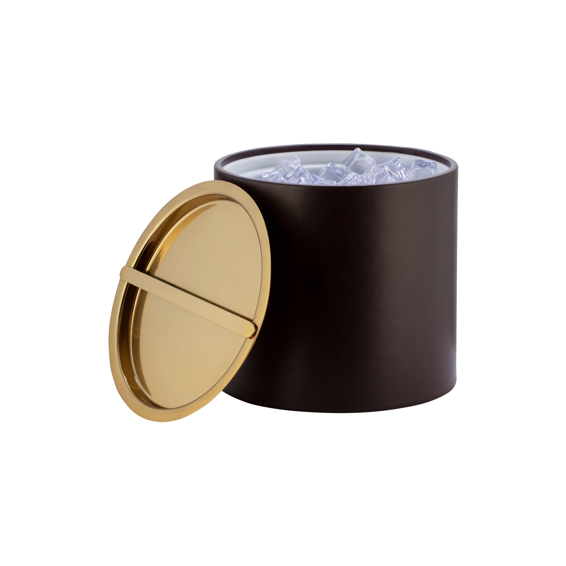 Chocolate | Leatherette ice bucket with shiny gold bridge cover.