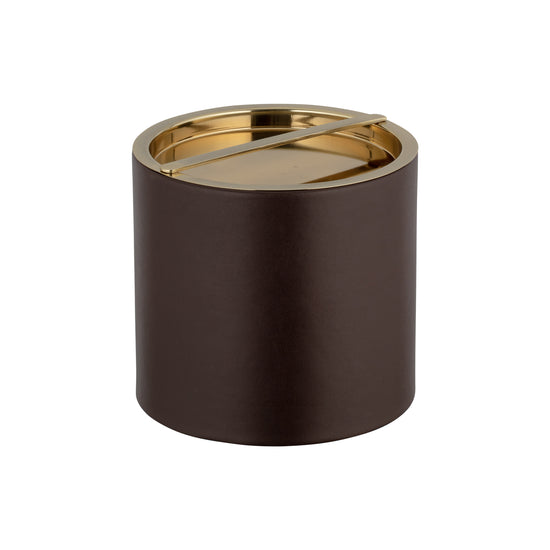 Chocolate | Stylish brown leatherette ice bucket and radiant gold top.