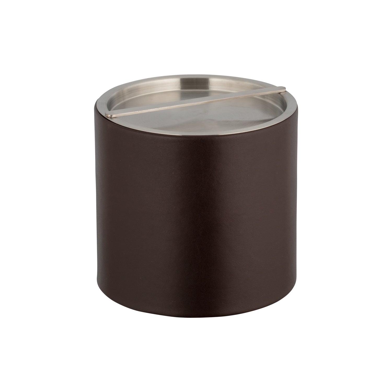 Chocolate | Chrome bridge cover detail on a smooth leatherette ice bucket.