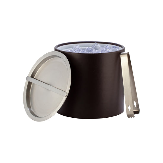 Chocolate | 3qt leatherette ice bucket with open lid to reveal ice filled to the top and with ice tongs.