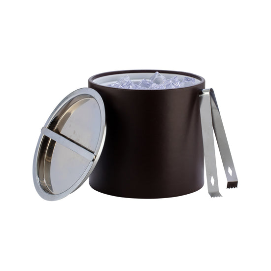 Chocolate | Leatherette ice bucket with the polished cover off and with ice tongs.
