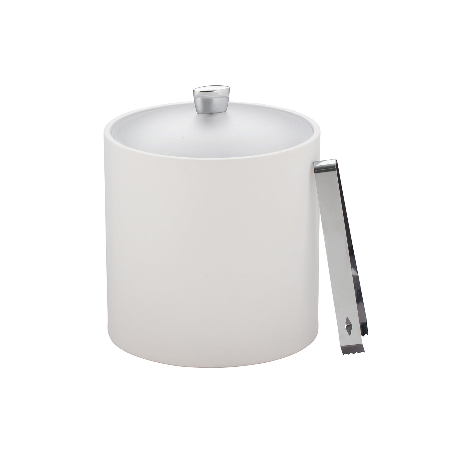 White | 3QT leatherette ice bucket designed with acrylic cover and shiny chrome arc knob for easy access to ice.