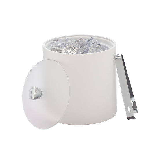 White | Functional yet elegant ice bucket with acrylic cover and polished chrome arc knob, styled with matching polished chrome ice tongs for luxury look.