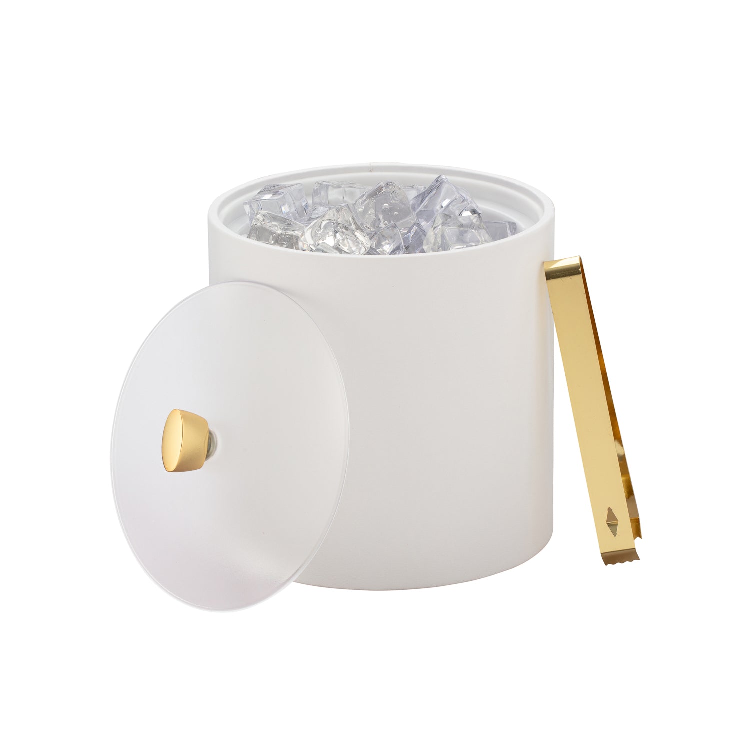 White | Elegant 3QT ice bucket with polished gold arc knob on an acrylic cover, styled with ice and coordinating polished gold ice tongs.
