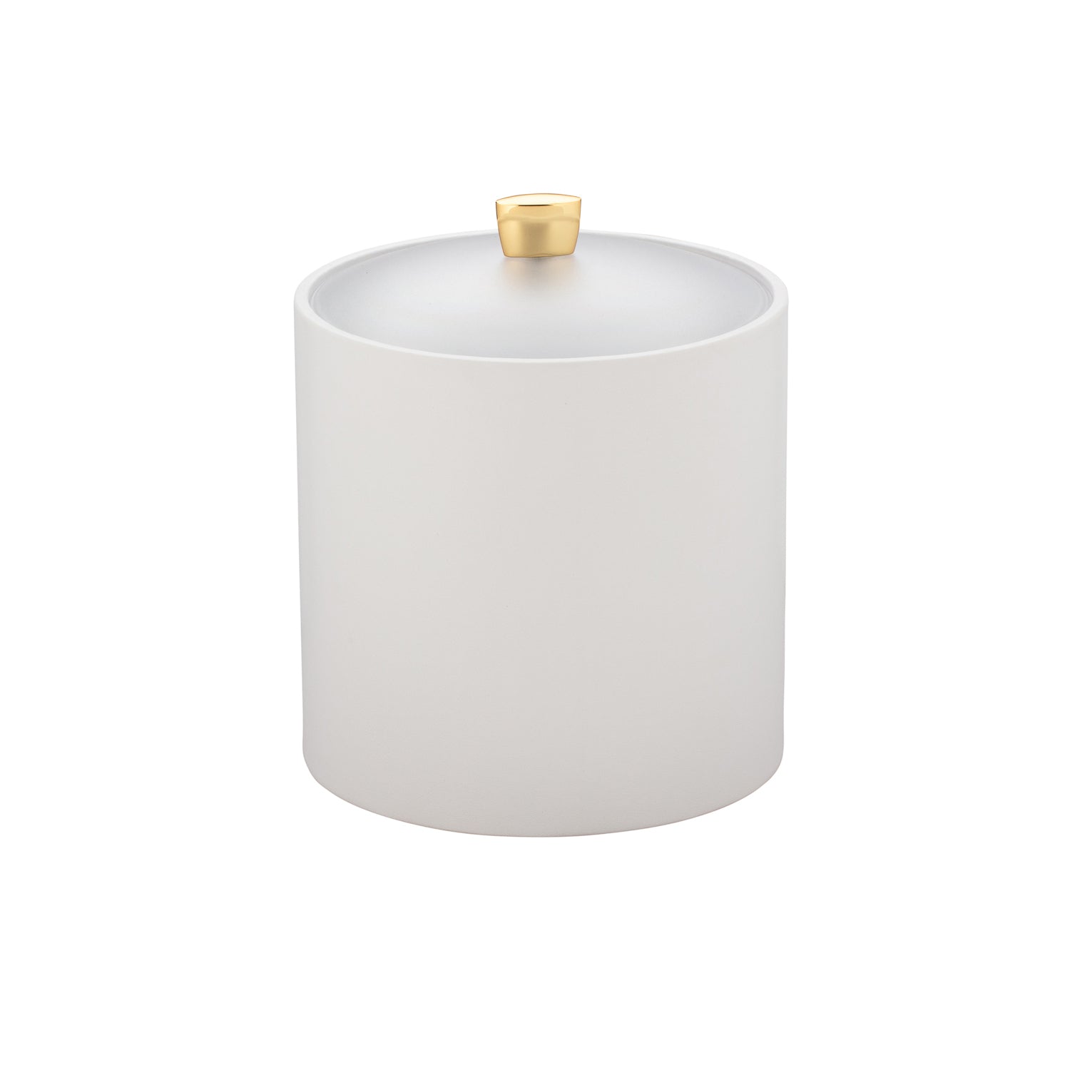 White | Double-wall insulated Ice bucket wrapped in leatherette accented with a bold polished gold arc knob.
