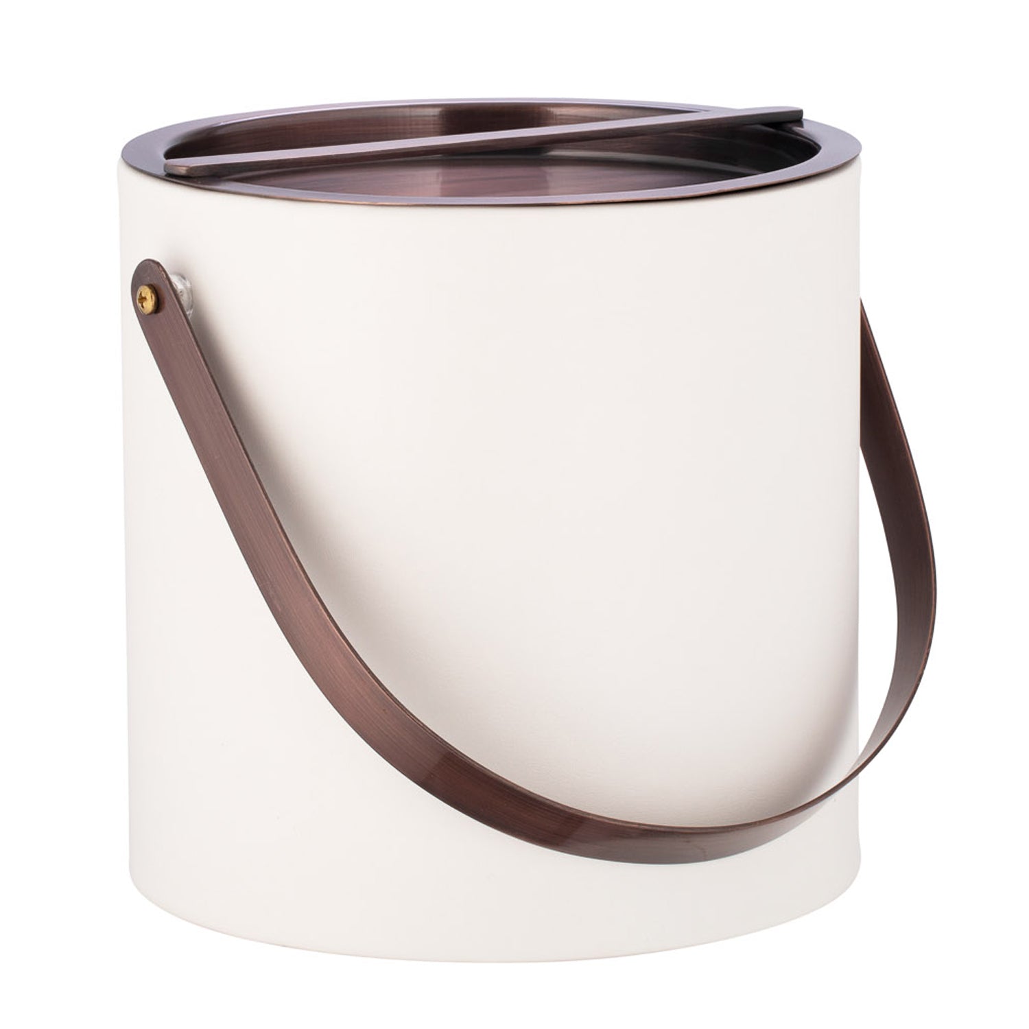 White | Contemporary ice bucket featuring oil rubbed bronze bridge lid and matching arch handle.