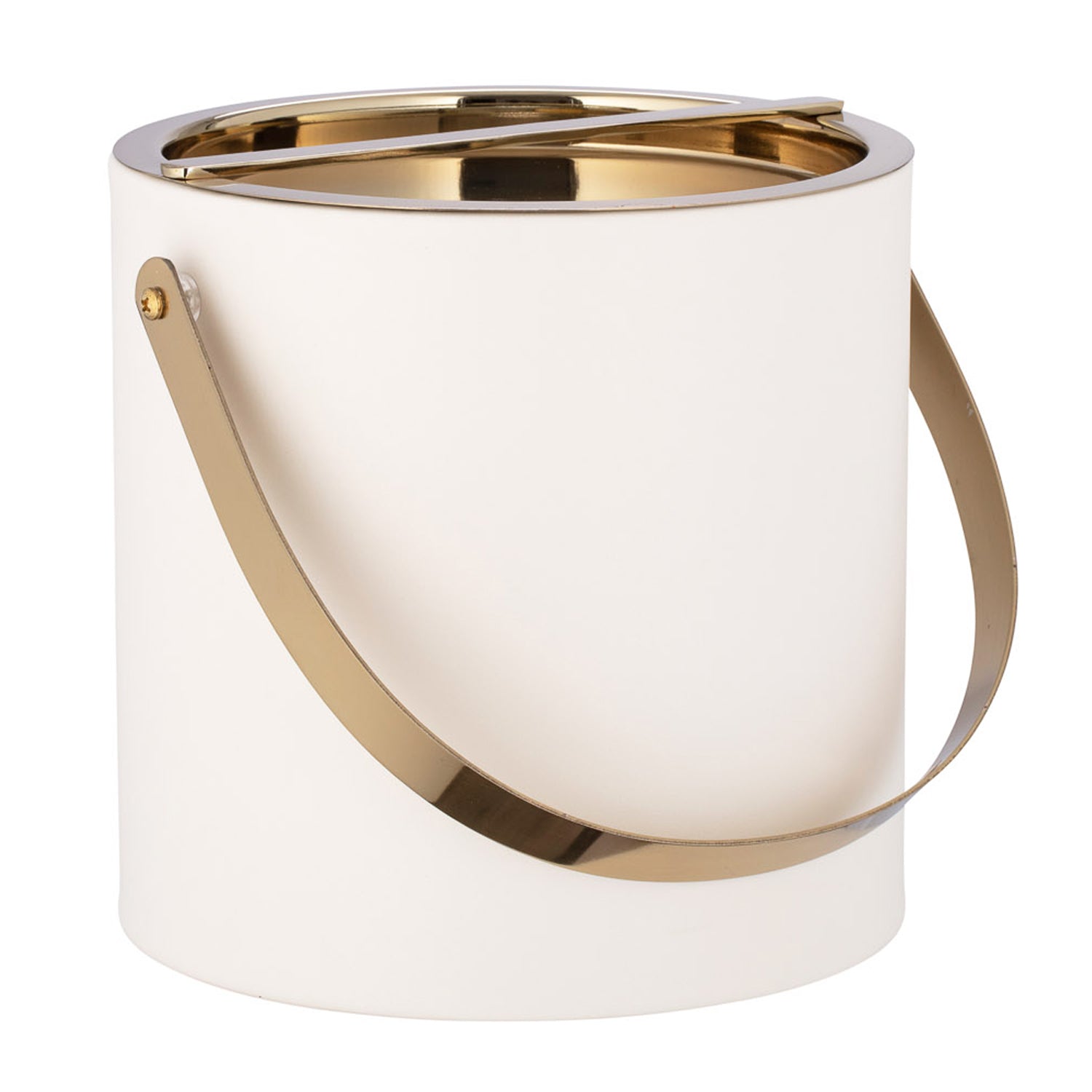 White | Leatherette ice bucket with polished gold accents styled on a white background.