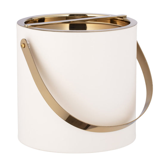 White | Leatherette ice bucket with polished gold accents styled on a white background.