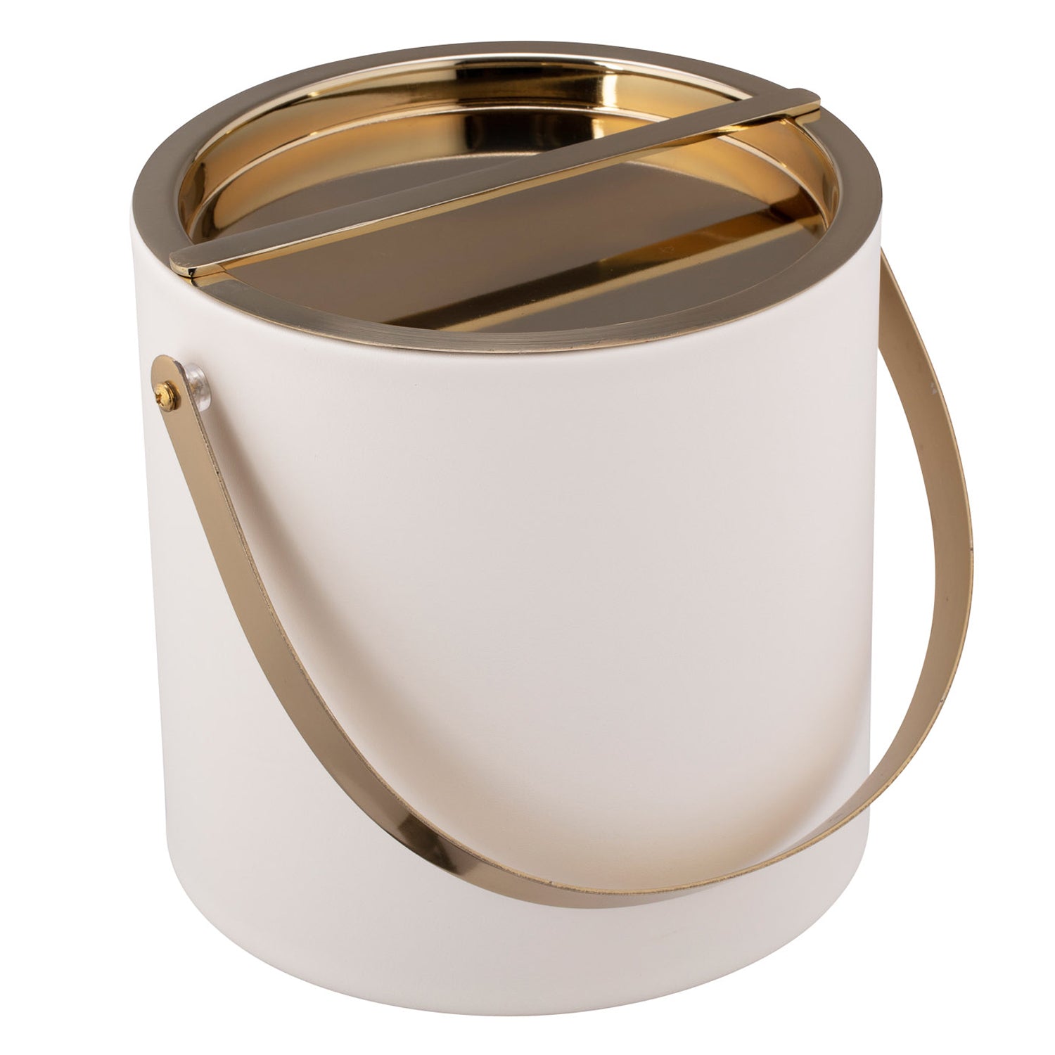 White | Elegant polished gold bridge cover and arch handle on a white leatherette ice bucket.