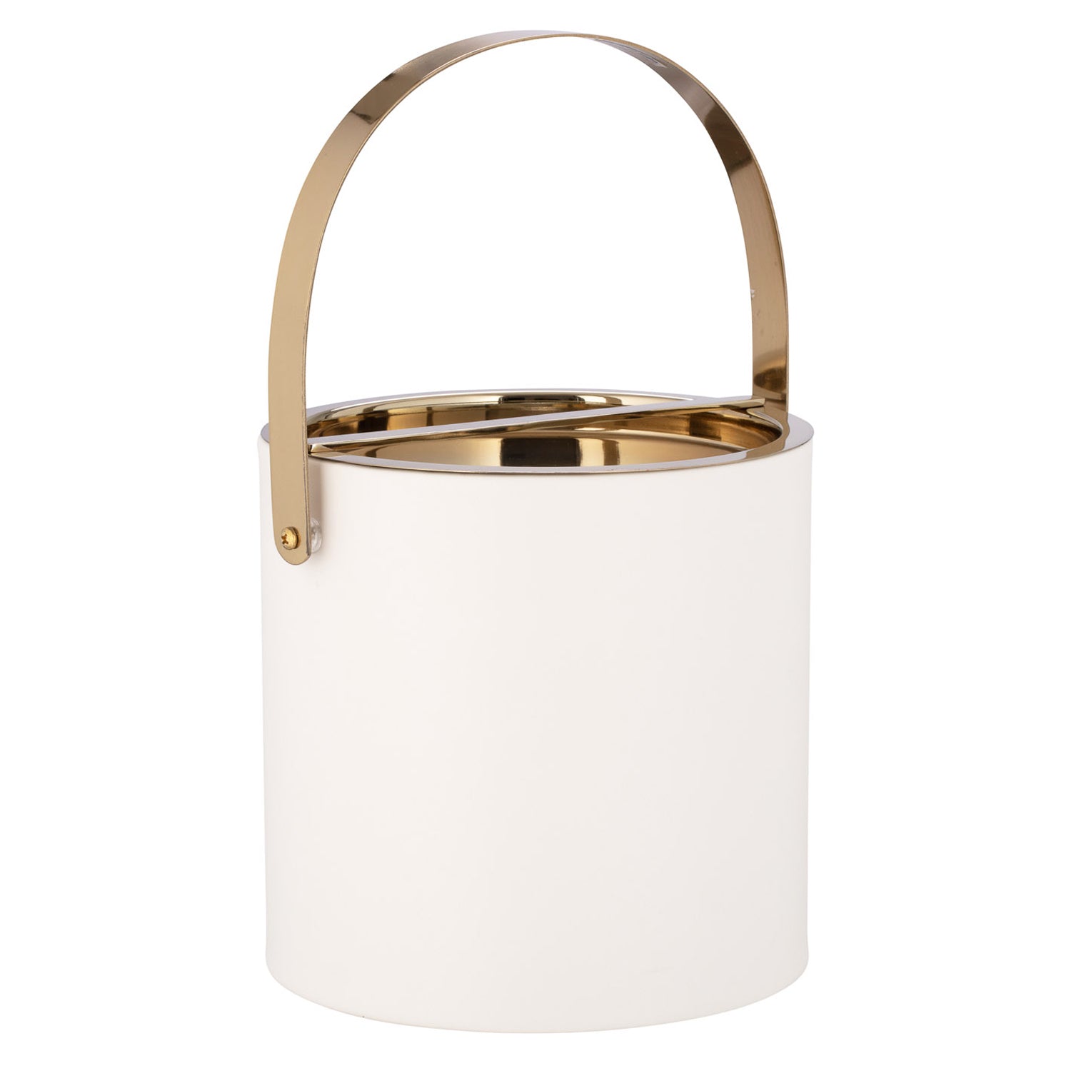 White | leatherette ice bucket placed on a white background with the polished gold curved handle upright.