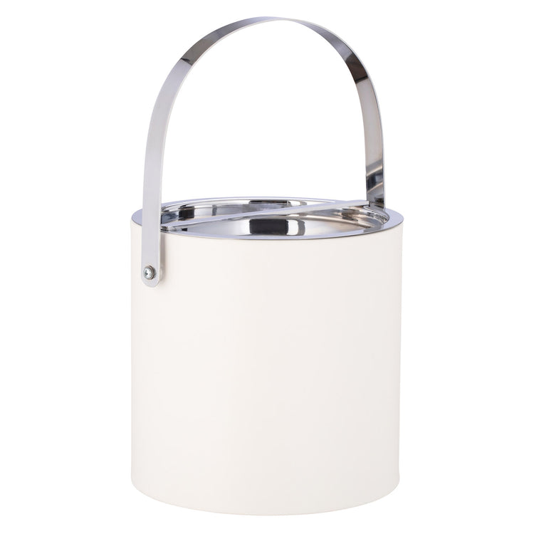 White | Manhattan white ice bucket wrapped in leatherette with the polished chrome arch handle up.