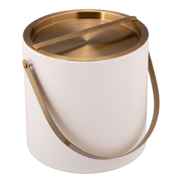 White | Overhead view of round leatherette ice bucket with brushed gold cover in place, shown on white.