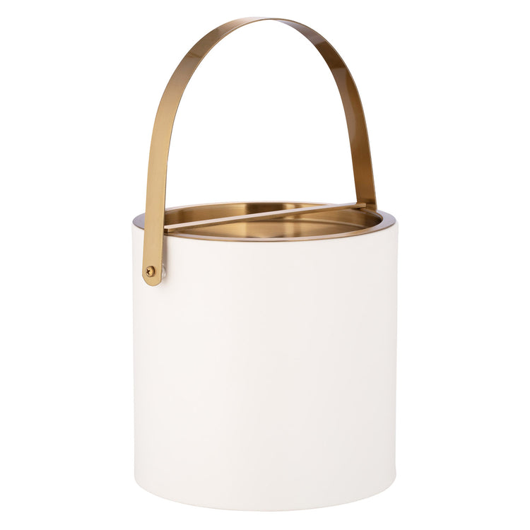 White | Ice bucket with brushed gold handle arching over leatherette body, displayed on clean white backdrop.