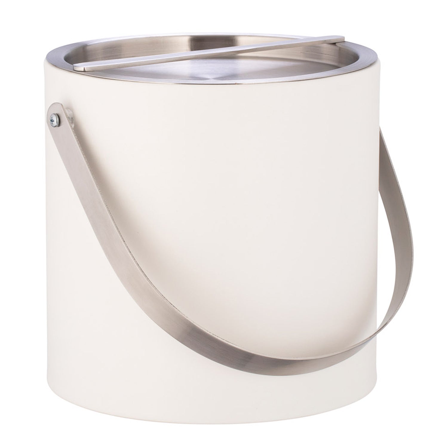 White | 3qt Leatherette ice bucket with bridge lid and chrome arch handle.