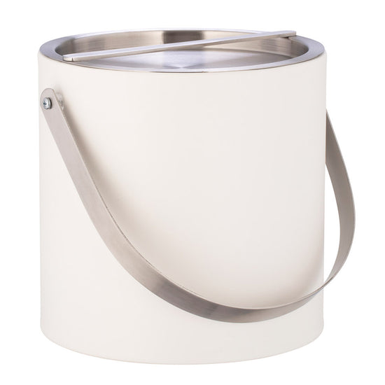 White | 3qt Leatherette ice bucket with bridge lid and chrome arch handle.