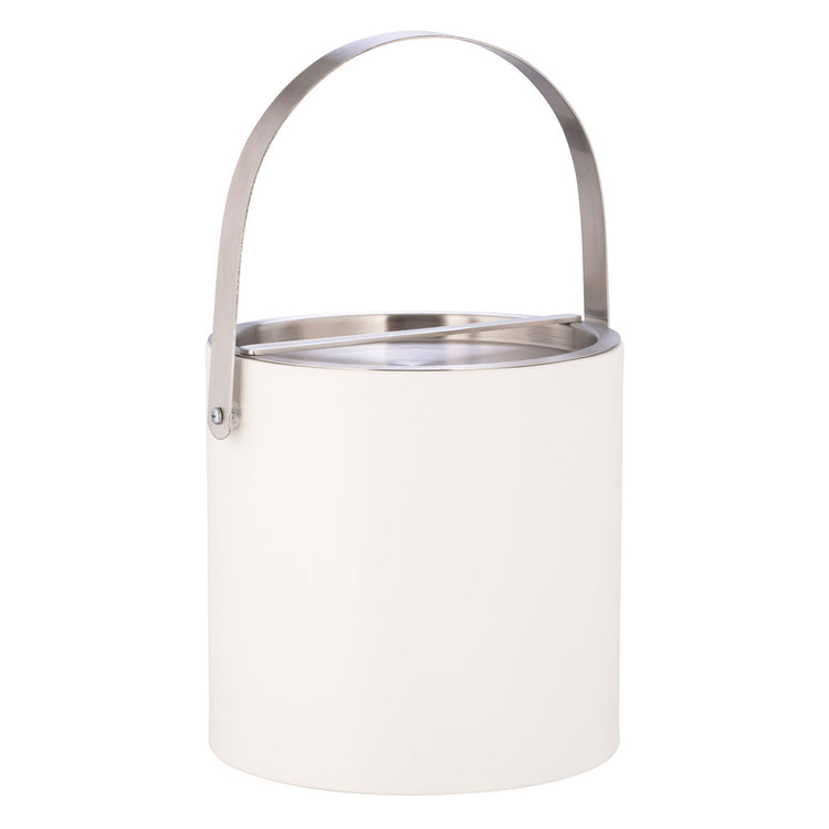 White | round 3qt elegant ice bucket with smooth leatherette and chrome accents.