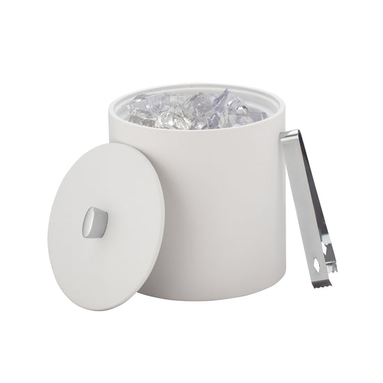 White | 3qt leatherette ice bucket filled with ice cubes to the top to show capacity on a white background.