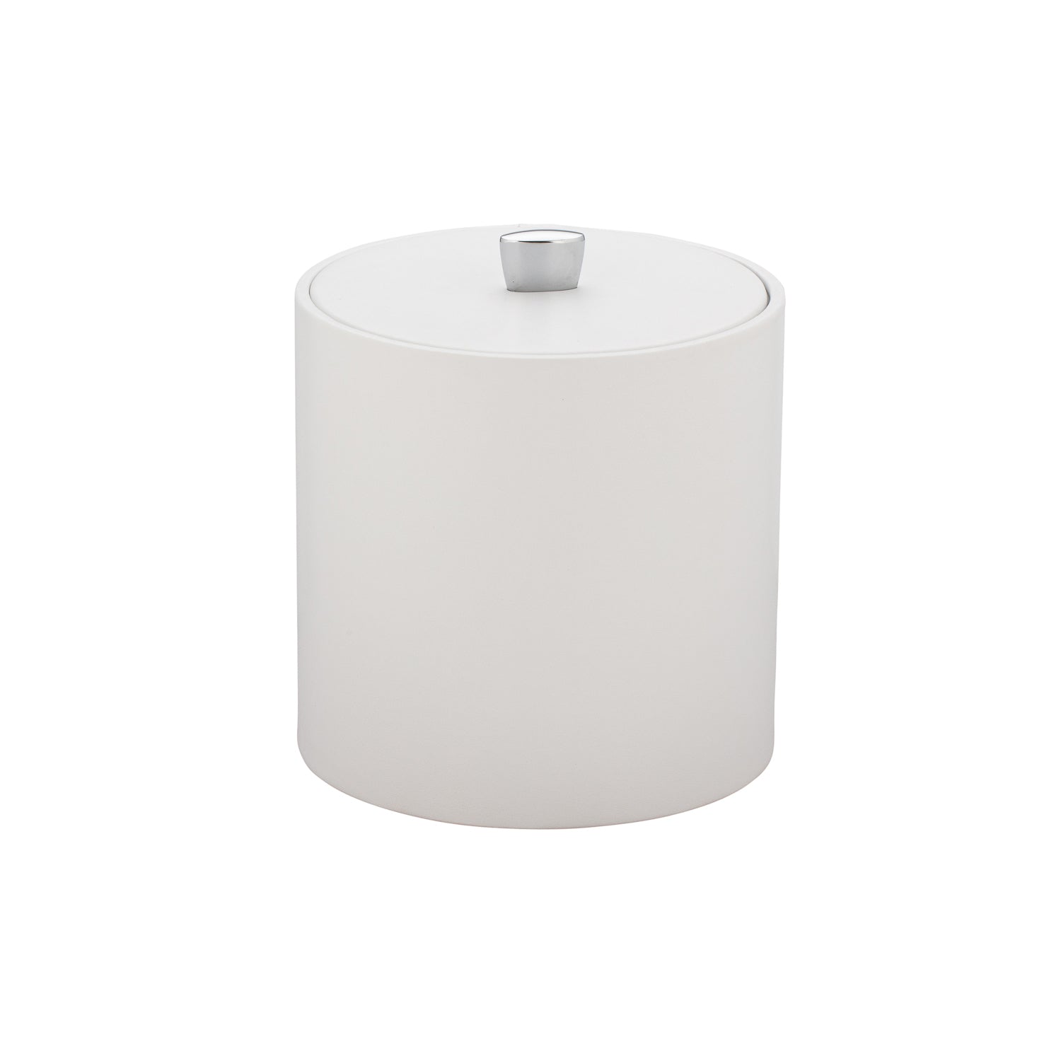 White | Stylish ice bucket with chrome arc knob and cover on a white background.