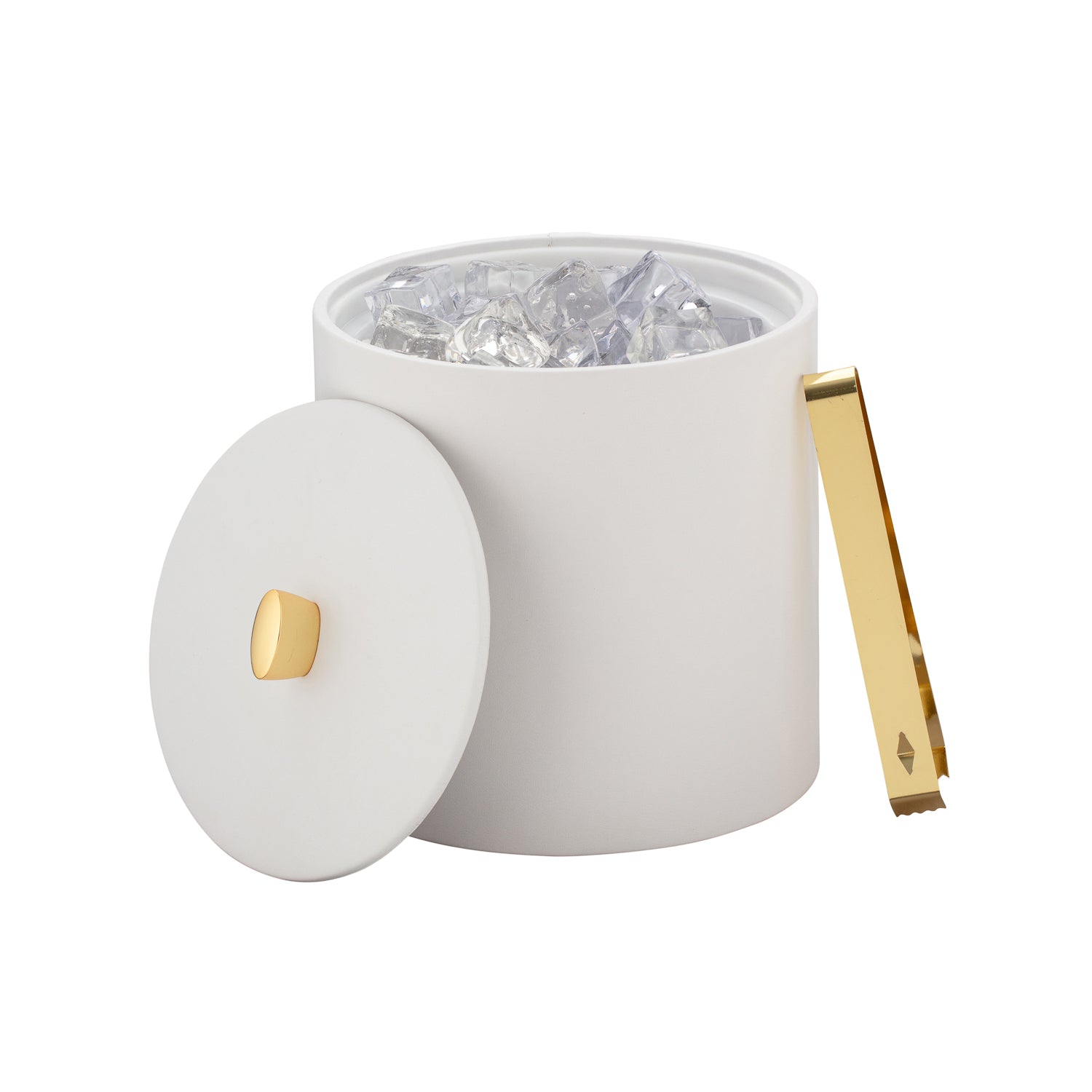 White | Elevated entertaining display with leatherette ice bucket and eye-catching gold arc knob with ice and ice tongs.