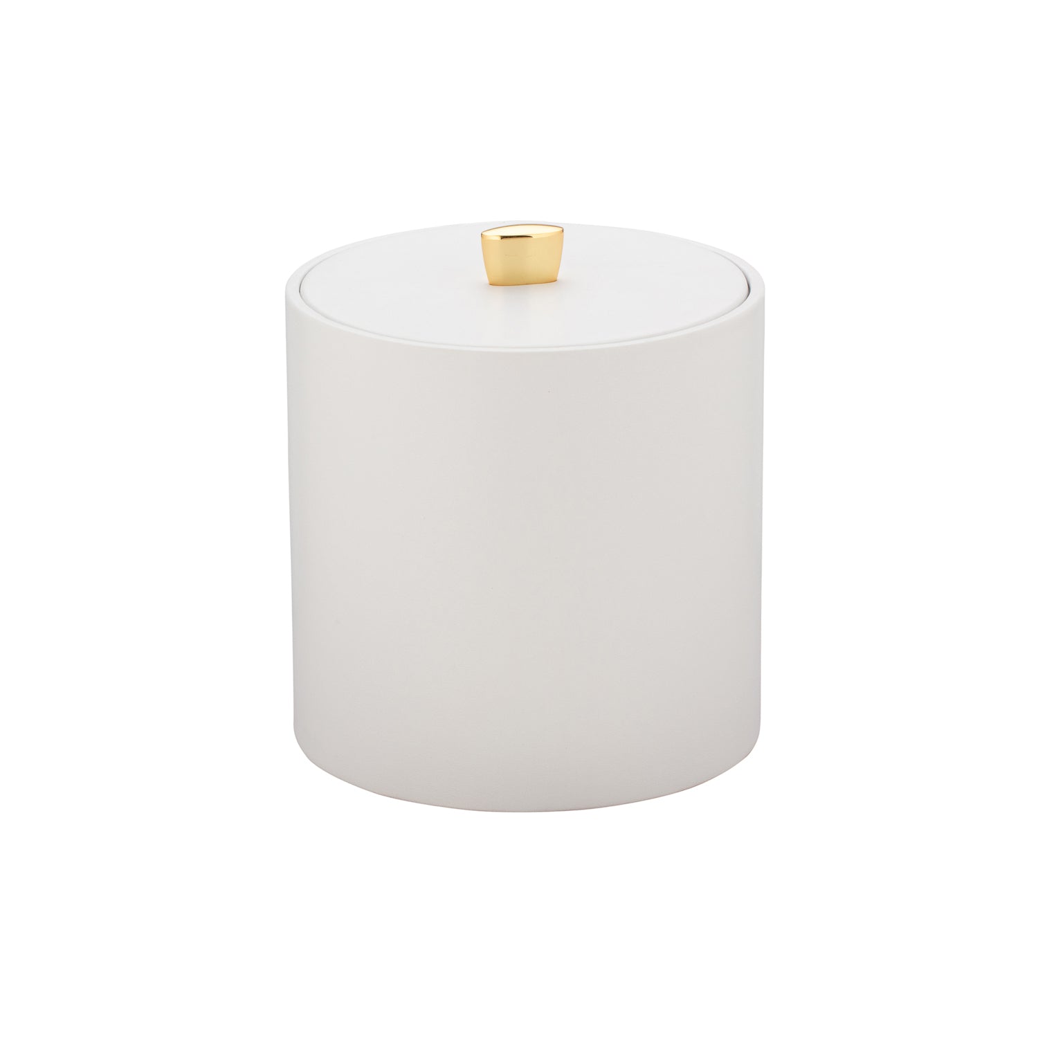 White | Minimalist leatherette ice bucket featuring a soft to the touch finish and gold arc knob.