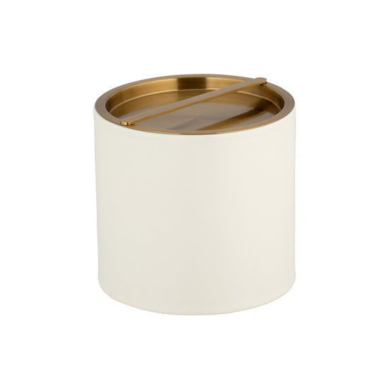 White | Front facing view of a leatherette ice bucket with brushed golden cover, cleanly presented on a white backdrop.