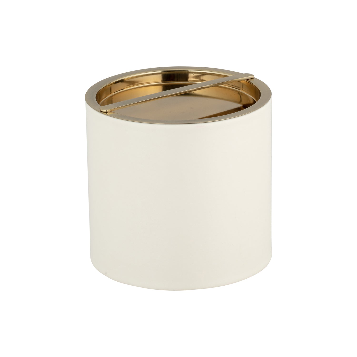 White | Contemporary ice bucket with leatherette finish and polished gold cover.