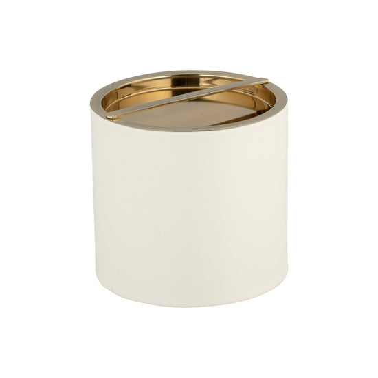 White | Contemporary ice bucket with leatherette finish and polished gold cover.