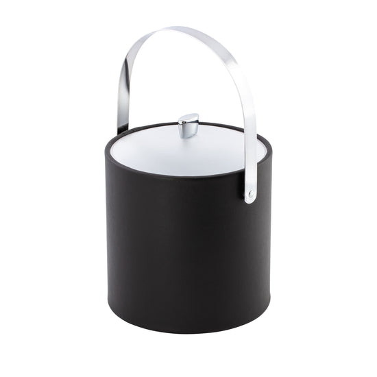 Black | leatherette ice bucket with a polished arc knob and matching chrome handle on a white background.