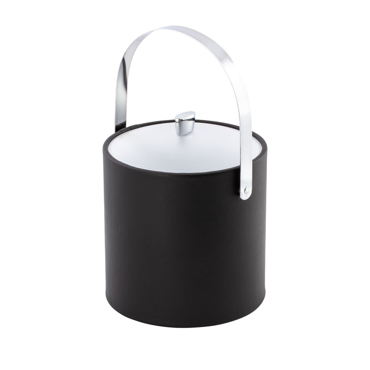 Black | leatherette ice bucket with a polished arc knob and matching chrome handle on a white background.