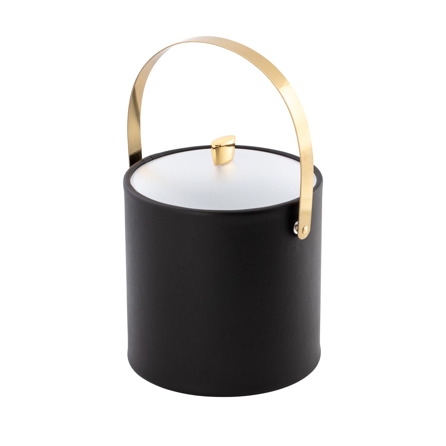 Black | Elegant ice bucket featuring acrylic cover with polished gold arc knob and arch handle.