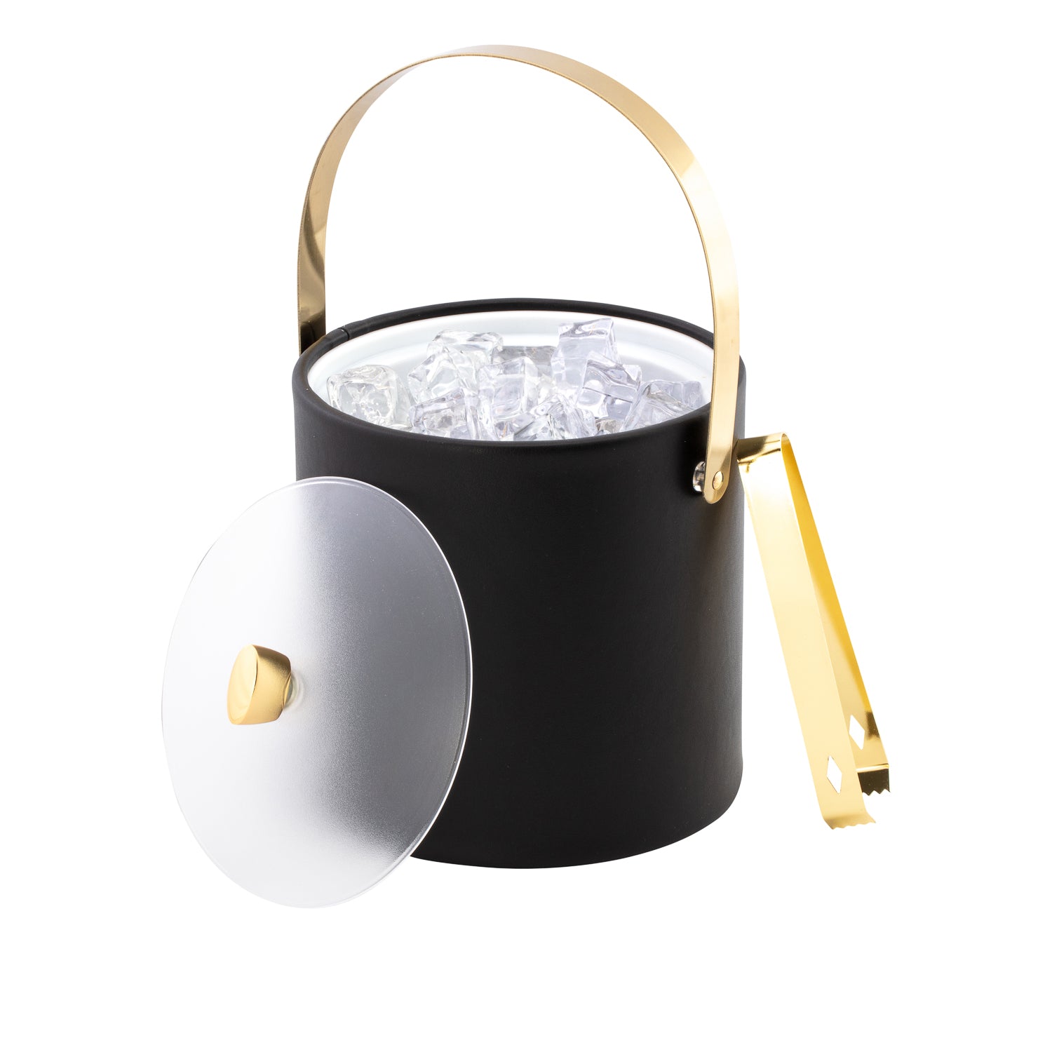 Black | Close-up of ice bucket with acrylic cover off to see ice cubes inside with polished gold arch handle up for easy transporting.