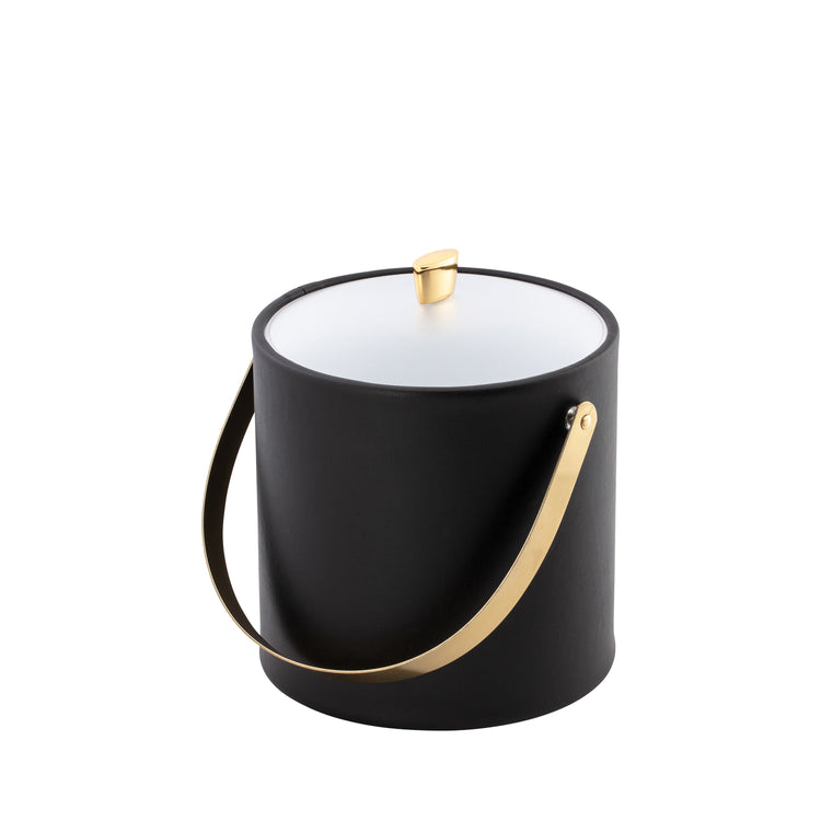 Black | Ice bucket with acrylic cover and polished gold arc knob and matching gold arch handle.