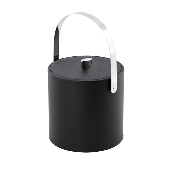 Black | Top-down view of closed leatherette ice bucket with chrome arc knob and handle on a white surface.