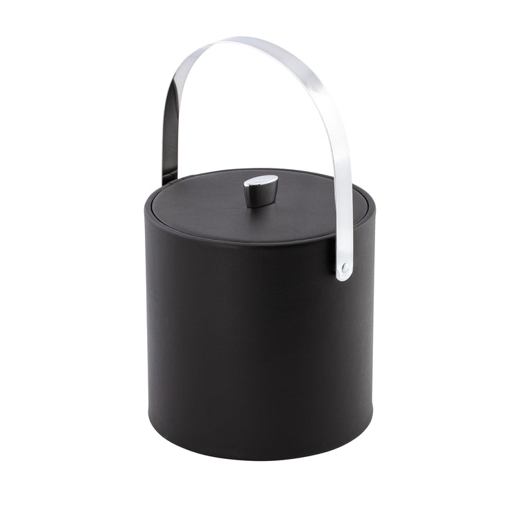 Black | Top-down view of closed leatherette ice bucket with chrome arc knob and handle on a white surface.