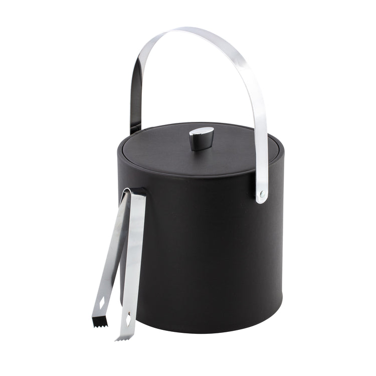 Black | ice bucket with hand sewn leatherette finish and reflective chrome knob and handle, photographed on a white background.
