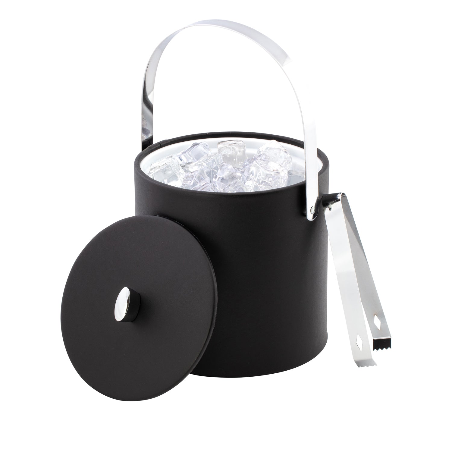 Black | detail view of chrome arc knob on matching lid of leatherette ice bucket placed on white background.