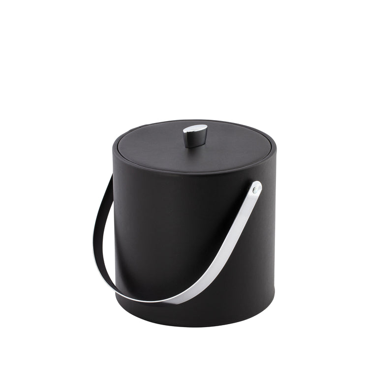 Black | Elegant barware ice bucket wrapped in leatherette with matching lid and chrome handle on white surface.